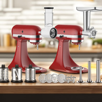 Meat Grinder & Cheese Grater for KitchenAid Stand Mixer, 2-Pc | Stainless Steel Grater, Slicer/Shredder & Food Grinder Attachments, Kitchen Aid Accessories and Attachments