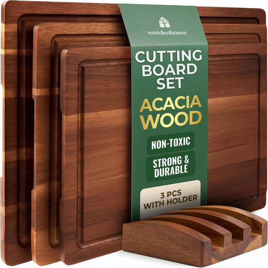 Acacia Wood Cutting Board Set of 3 with Holder & Juice Grooves | Built-in Handles, Durable – for Chopping, Food Prep & Serving as a Charcuterie Platter