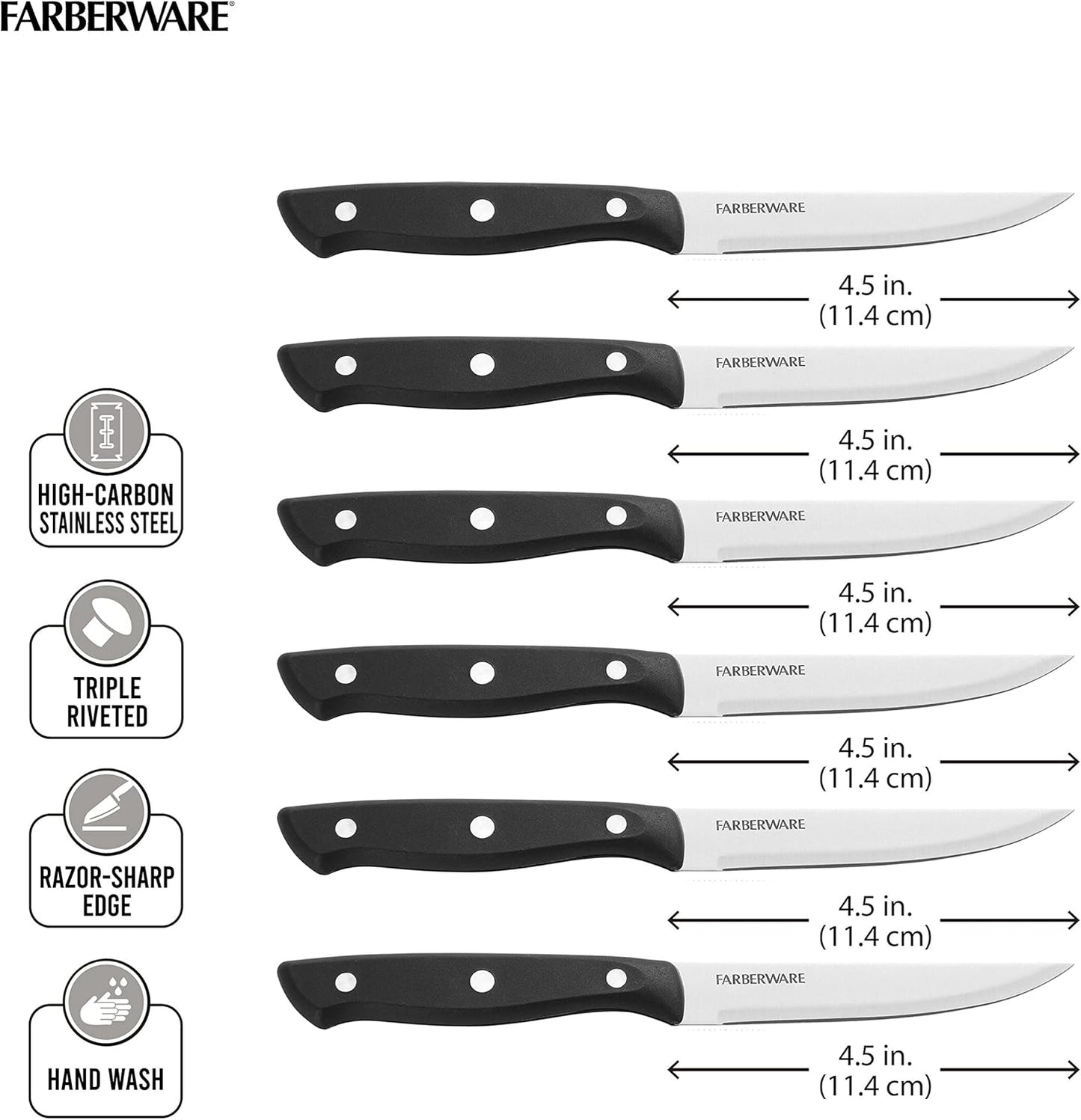 Steak Knives Set of 4, High-Carbon Stainless Steel Blades with Triple Rivet Handles, 4.5 Inch Sharp Steak Knife Set for Cutting Meat and Poultry, Hand Wash Only