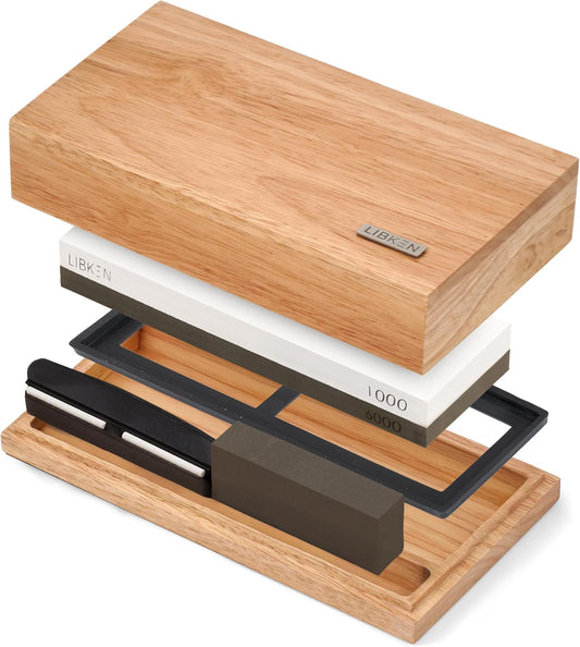 Whetstone Knife Sharpening Stone Kit 1000/6000 Grit with Wooden Box – Wet Stone Sharpener Set for Kitchen Knives, BBQ, Hunting, Pocket, Scissor, Blade, Razor – Angle Guide & Flattening Stone