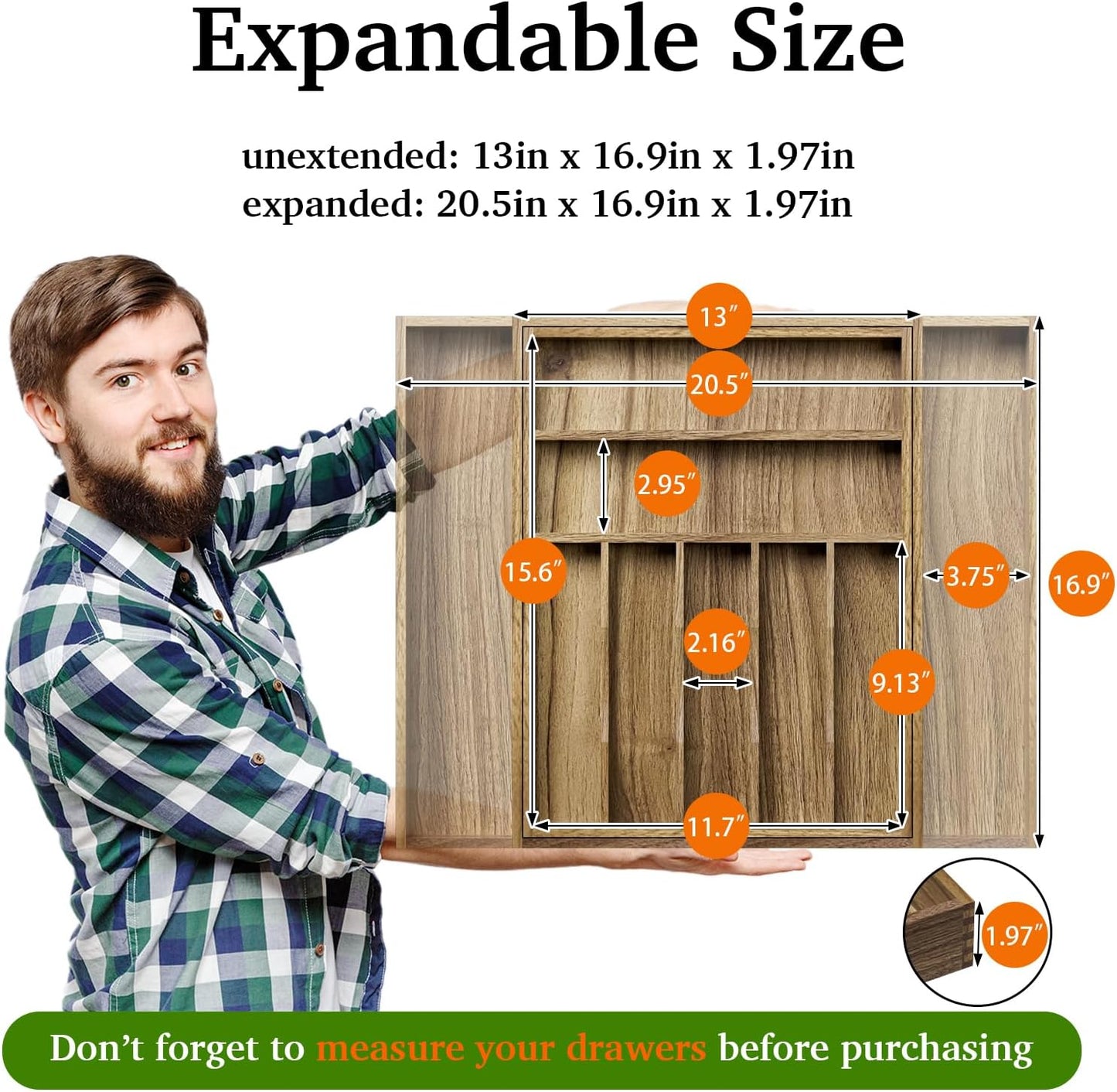 Kiasthome Acacia Wood Kitchen Silverware Drawer Organizer, Expandable Utensil Cutlery Drawer Organizer with Dividers, Flatware Organizer Silverware Tray for Spoon, Fork, 13''-20''x16.9'' (7-9 Slots)