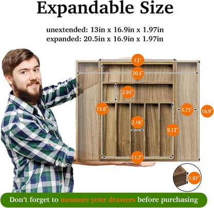 Kiasthome Acacia Wood Kitchen Silverware Drawer Organizer, Expandable Utensil Cutlery Drawer Organizer with Dividers, Flatware Organizer Silverware Tray for Spoon, Fork, 13''-20''x16.9'' (7-9 Slots)