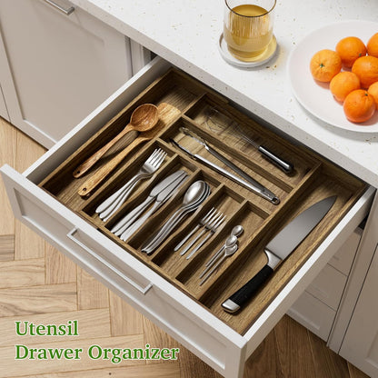 Kiasthome Acacia Wood Kitchen Silverware Drawer Organizer, Expandable Utensil Cutlery Drawer Organizer with Dividers, Flatware Organizer Silverware Tray for Spoon, Fork, 13''-20''x16.9'' (7-9 Slots)