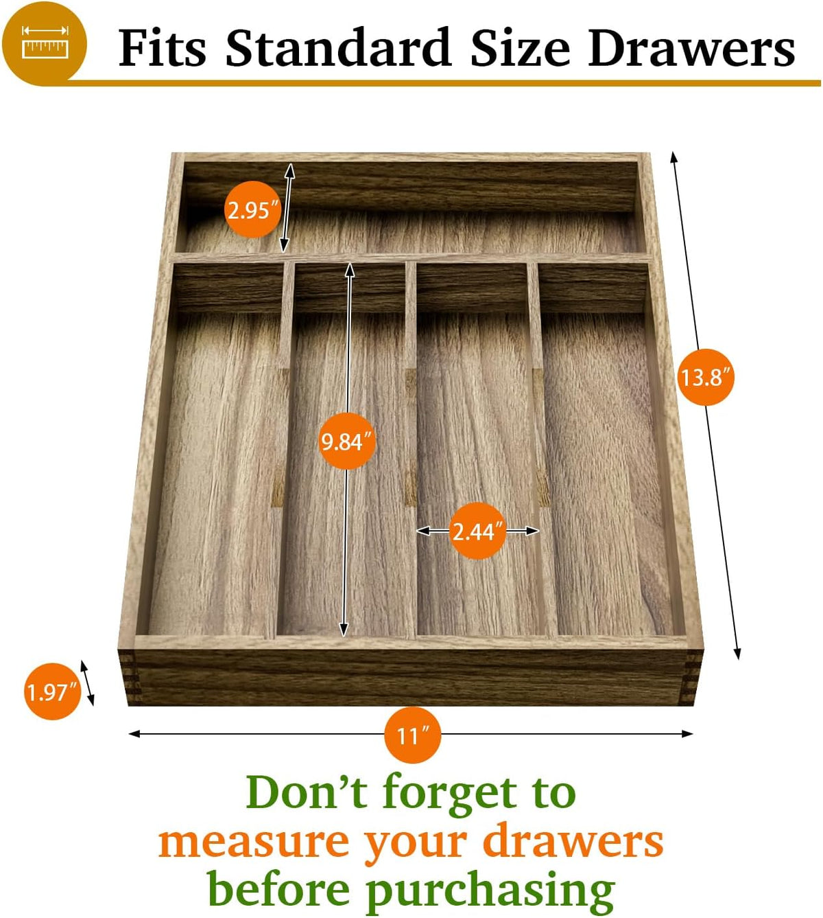 Kiasthome Acacia Wood Kitchen Silverware Drawer Organizer, Expandable Utensil Cutlery Drawer Organizer with Dividers, Flatware Organizer Silverware Tray for Spoon, Fork, 13''-20''x16.9'' (7-9 Slots)