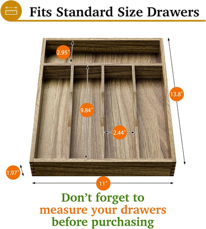 Kiasthome Acacia Wood Kitchen Silverware Drawer Organizer, Expandable Utensil Cutlery Drawer Organizer with Dividers, Flatware Organizer Silverware Tray for Spoon, Fork, 13''-20''x16.9'' (7-9 Slots)