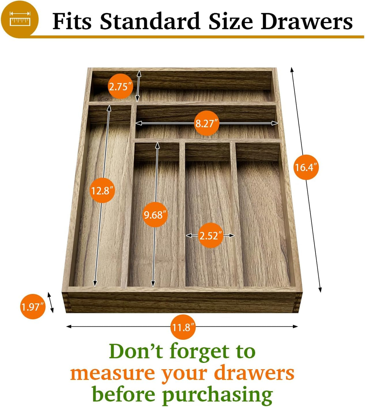 Kiasthome Acacia Wood Kitchen Silverware Drawer Organizer, Expandable Utensil Cutlery Drawer Organizer with Dividers, Flatware Organizer Silverware Tray for Spoon, Fork, 13''-20''x16.9'' (7-9 Slots)