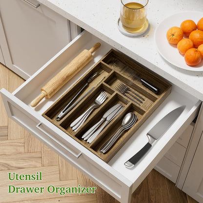 Kiasthome Acacia Wood Kitchen Silverware Drawer Organizer, Expandable Utensil Cutlery Drawer Organizer with Dividers, Flatware Organizer Silverware Tray for Spoon, Fork, 13''-20''x16.9'' (7-9 Slots)