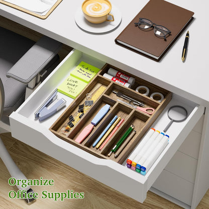 Kiasthome Acacia Wood Kitchen Silverware Drawer Organizer, Expandable Utensil Cutlery Drawer Organizer with Dividers, Flatware Organizer Silverware Tray for Spoon, Fork, 13''-20''x16.9'' (7-9 Slots)