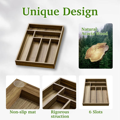 Kiasthome Acacia Wood Kitchen Silverware Drawer Organizer, Expandable Utensil Cutlery Drawer Organizer with Dividers, Flatware Organizer Silverware Tray for Spoon, Fork, 13''-20''x16.9'' (7-9 Slots)
