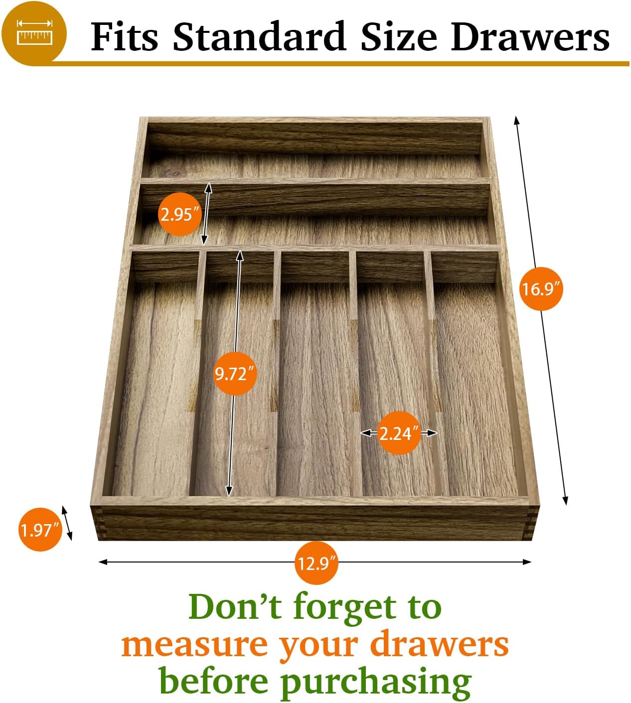 Kiasthome Acacia Wood Kitchen Silverware Drawer Organizer, Expandable Utensil Cutlery Drawer Organizer with Dividers, Flatware Organizer Silverware Tray for Spoon, Fork, 13''-20''x16.9'' (7-9 Slots)