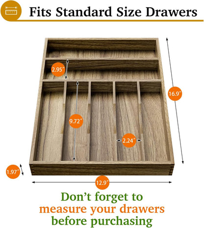 Kiasthome Acacia Wood Kitchen Silverware Drawer Organizer, Expandable Utensil Cutlery Drawer Organizer with Dividers, Flatware Organizer Silverware Tray for Spoon, Fork, 13''-20''x16.9'' (7-9 Slots)