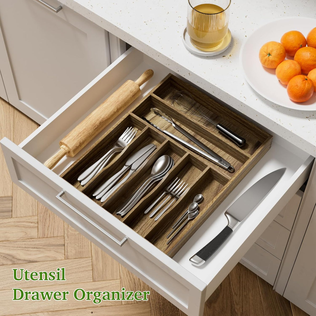 Kiasthome Acacia Wood Kitchen Silverware Drawer Organizer, Expandable Utensil Cutlery Drawer Organizer with Dividers, Flatware Organizer Silverware Tray for Spoon, Fork, 13''-20''x16.9'' (7-9 Slots)