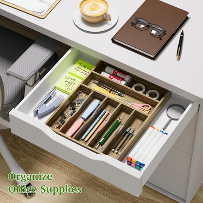 Kiasthome Acacia Wood Kitchen Silverware Drawer Organizer, Expandable Utensil Cutlery Drawer Organizer with Dividers, Flatware Organizer Silverware Tray for Spoon, Fork, 13''-20''x16.9'' (7-9 Slots)