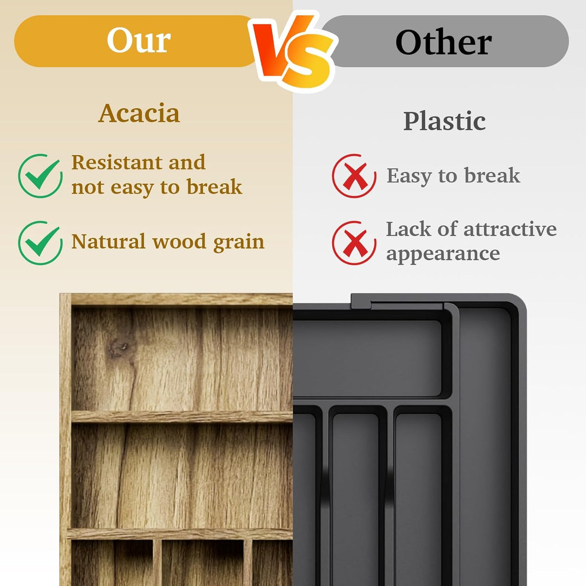 Kiasthome Acacia Wood Kitchen Silverware Drawer Organizer, Expandable Utensil Cutlery Drawer Organizer with Dividers, Flatware Organizer Silverware Tray for Spoon, Fork, 13''-20''x16.9'' (7-9 Slots)