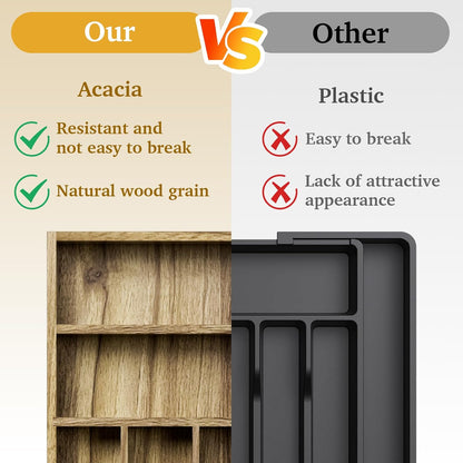 Kiasthome Acacia Wood Kitchen Silverware Drawer Organizer, Expandable Utensil Cutlery Drawer Organizer with Dividers, Flatware Organizer Silverware Tray for Spoon, Fork, 13''-20''x16.9'' (7-9 Slots)