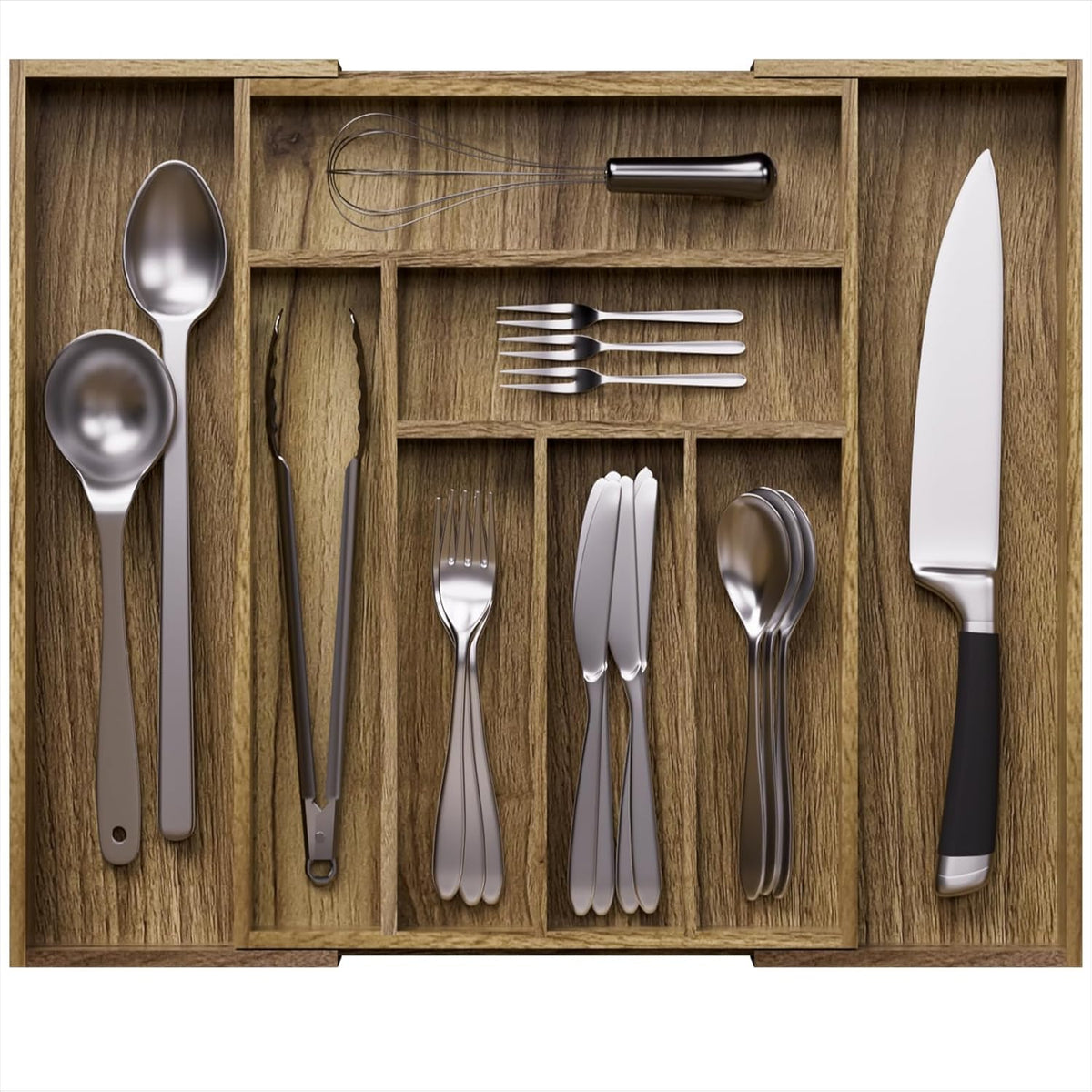Kiasthome Acacia Wood Kitchen Silverware Drawer Organizer, Expandable Utensil Cutlery Drawer Organizer with Dividers, Flatware Organizer Silverware Tray for Spoon, Fork, 13''-20''x16.9'' (7-9 Slots)