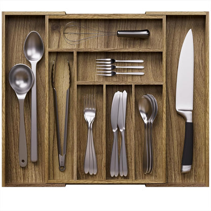 Kiasthome Acacia Wood Kitchen Silverware Drawer Organizer, Expandable Utensil Cutlery Drawer Organizer with Dividers, Flatware Organizer Silverware Tray for Spoon, Fork, 13''-20''x16.9'' (7-9 Slots)