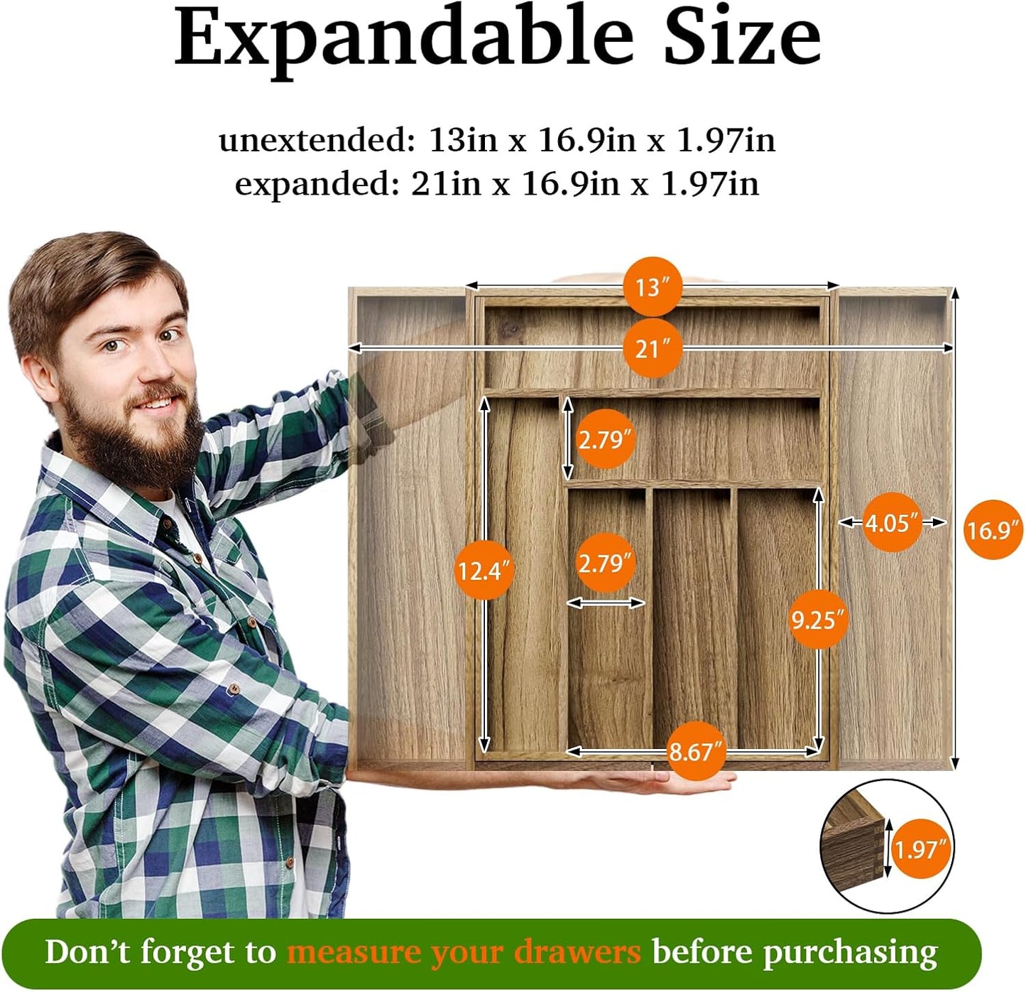 Kiasthome Acacia Wood Kitchen Silverware Drawer Organizer, Expandable Utensil Cutlery Drawer Organizer with Dividers, Flatware Organizer Silverware Tray for Spoon, Fork, 13''-20''x16.9'' (7-9 Slots)