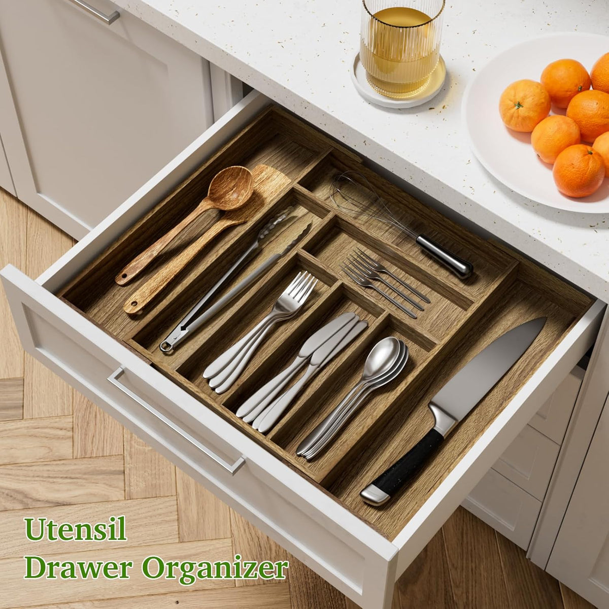 Kiasthome Acacia Wood Kitchen Silverware Drawer Organizer, Expandable Utensil Cutlery Drawer Organizer with Dividers, Flatware Organizer Silverware Tray for Spoon, Fork, 13''-20''x16.9'' (7-9 Slots)