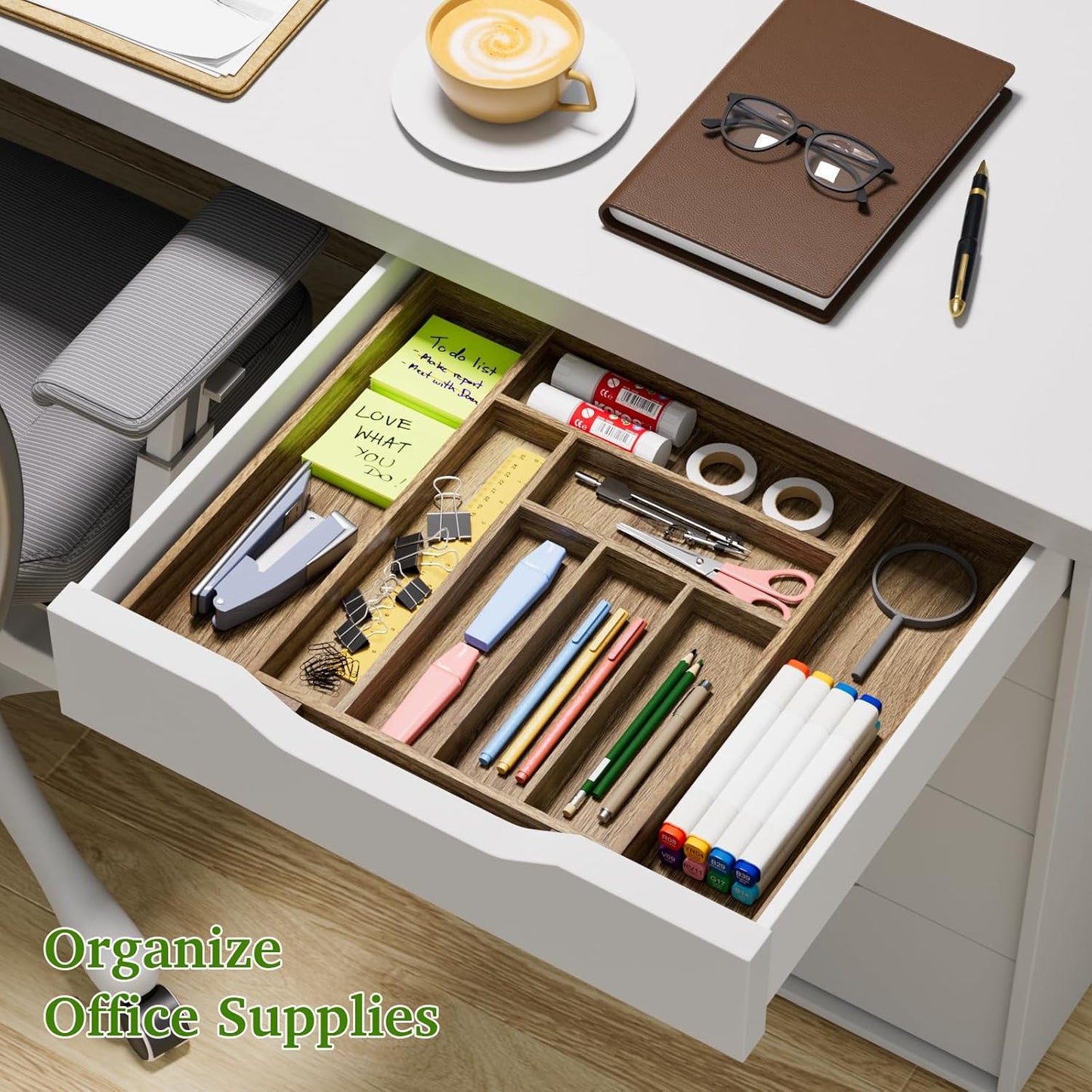 Kiasthome Acacia Wood Kitchen Silverware Drawer Organizer, Expandable Utensil Cutlery Drawer Organizer with Dividers, Flatware Organizer Silverware Tray for Spoon, Fork, 13''-20''x16.9'' (7-9 Slots)
