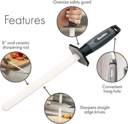Smith’s 51205 8 Inch Oval Ceramic Sharpening Rod – Soft Rubber Handle – 2-Stage Sharpener – Kitchen, Chef, Straight + Serrated Edge Knife Sharpener – Hone & Realigns Knife Edge