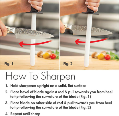 Smith’s 51205 8 Inch Oval Ceramic Sharpening Rod – Soft Rubber Handle – 2-Stage Sharpener – Kitchen, Chef, Straight + Serrated Edge Knife Sharpener – Hone & Realigns Knife Edge
