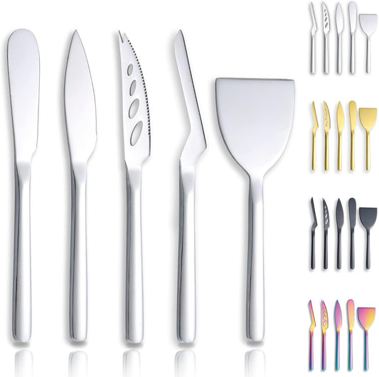 Cheese Knife Set of 5 for All Types of Cheese, Stainless Steel Cheese Cutter Slicer Ergonomic Design for Confortable Grip and Cut, Butter Spreader Knife