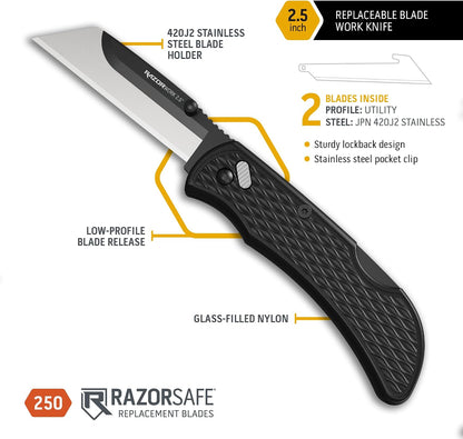 2.5" RAZOR-WORK - RazorSafe Replaceable Blade Folding Utility Knife (Black, 2 Blades)