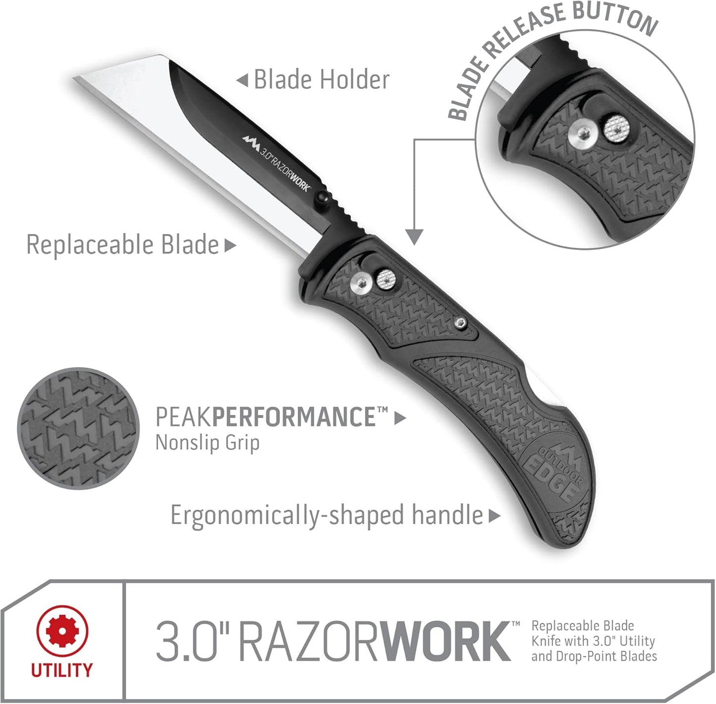 2.5" RAZOR-WORK - RazorSafe Replaceable Blade Folding Utility Knife (Black, 2 Blades)