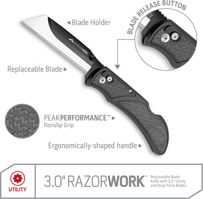 2.5" RAZOR-WORK - RazorSafe Replaceable Blade Folding Utility Knife (Black, 2 Blades)