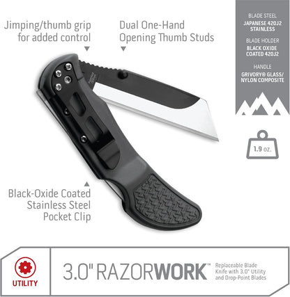 2.5" RAZOR-WORK - RazorSafe Replaceable Blade Folding Utility Knife (Black, 2 Blades)
