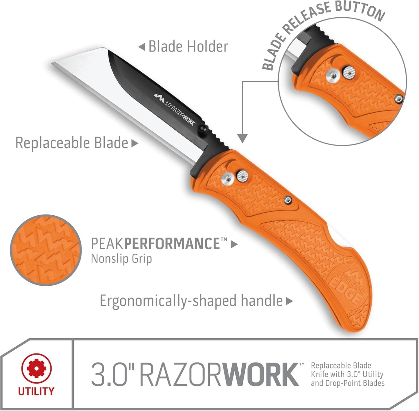2.5" RAZOR-WORK - RazorSafe Replaceable Blade Folding Utility Knife (Black, 2 Blades)