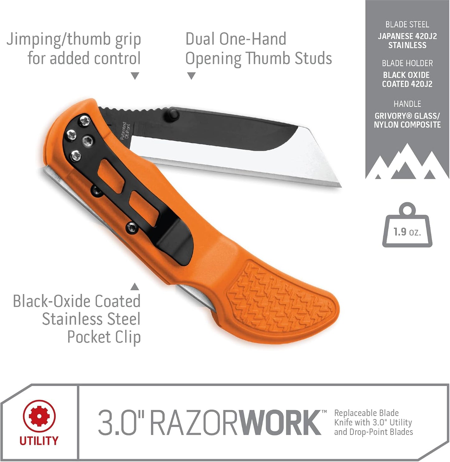2.5" RAZOR-WORK - RazorSafe Replaceable Blade Folding Utility Knife (Black, 2 Blades)