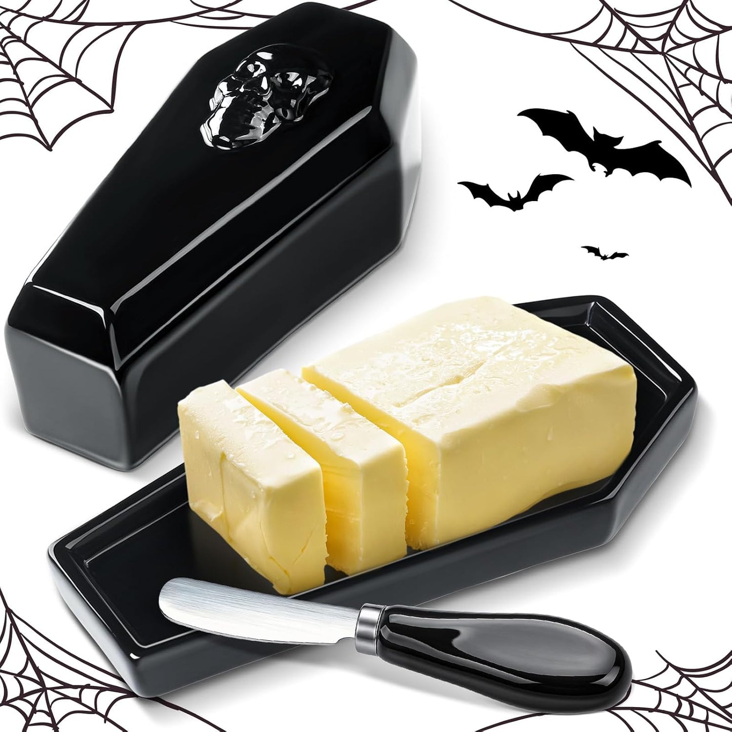 2 Pcs Coffin Butter Dish with Lid Set with Butter Knife Black Gothic Skull Shape Ceramic Halloween Gothic Horror Kitchen Utensils Gift for Halloween Table Decoration Party Supplies(Flat)