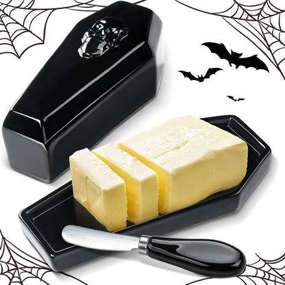 2 Pcs Coffin Butter Dish with Lid Set with Butter Knife Black Gothic Skull Shape Ceramic Halloween Gothic Horror Kitchen Utensils Gift for Halloween Table Decoration Party Supplies(Flat)