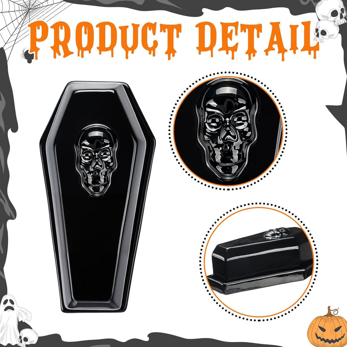 2 Pcs Coffin Butter Dish with Lid Set with Butter Knife Black Gothic Skull Shape Ceramic Halloween Gothic Horror Kitchen Utensils Gift for Halloween Table Decoration Party Supplies(Flat)