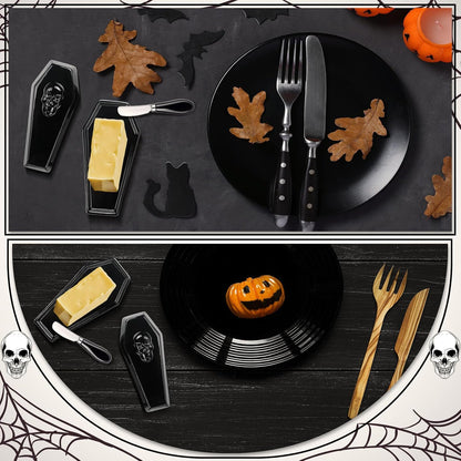 2 Pcs Coffin Butter Dish with Lid Set with Butter Knife Black Gothic Skull Shape Ceramic Halloween Gothic Horror Kitchen Utensils Gift for Halloween Table Decoration Party Supplies(Flat)