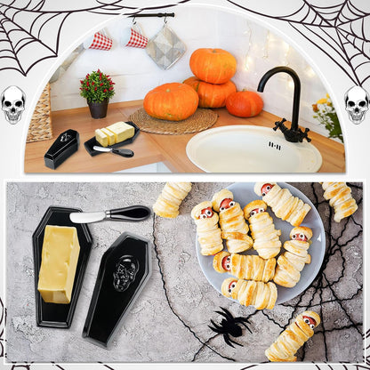 2 Pcs Coffin Butter Dish with Lid Set with Butter Knife Black Gothic Skull Shape Ceramic Halloween Gothic Horror Kitchen Utensils Gift for Halloween Table Decoration Party Supplies(Flat)