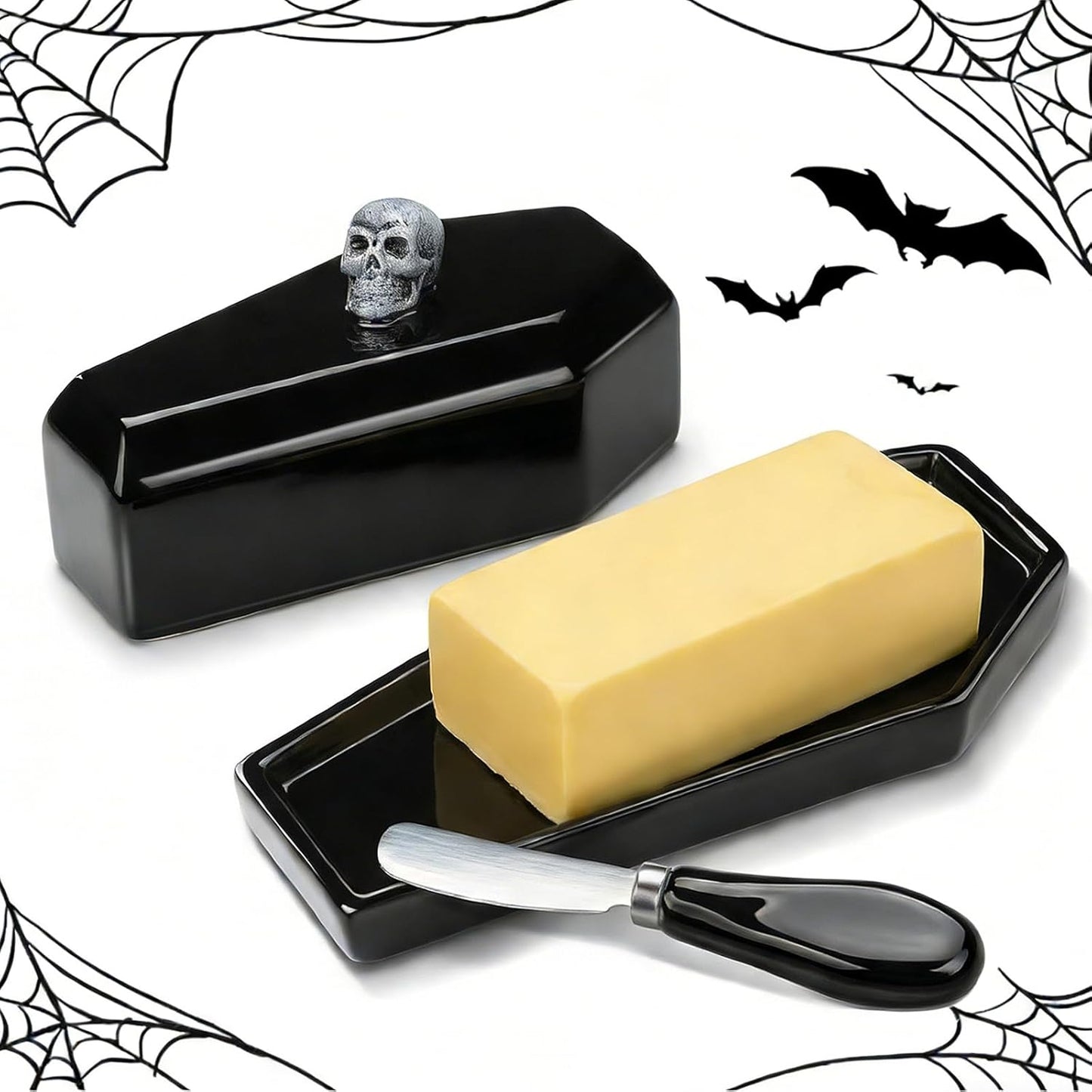 2 Pcs Coffin Butter Dish with Lid Set with Butter Knife Black Gothic Skull Shape Ceramic Halloween Gothic Horror Kitchen Utensils Gift for Halloween Table Decoration Party Supplies(Flat)