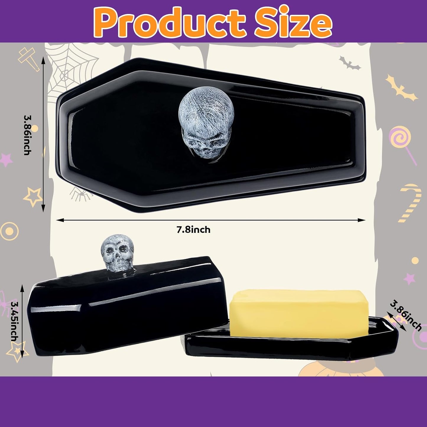 2 Pcs Coffin Butter Dish with Lid Set with Butter Knife Black Gothic Skull Shape Ceramic Halloween Gothic Horror Kitchen Utensils Gift for Halloween Table Decoration Party Supplies(Flat)