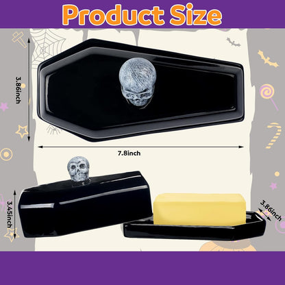 2 Pcs Coffin Butter Dish with Lid Set with Butter Knife Black Gothic Skull Shape Ceramic Halloween Gothic Horror Kitchen Utensils Gift for Halloween Table Decoration Party Supplies(Flat)