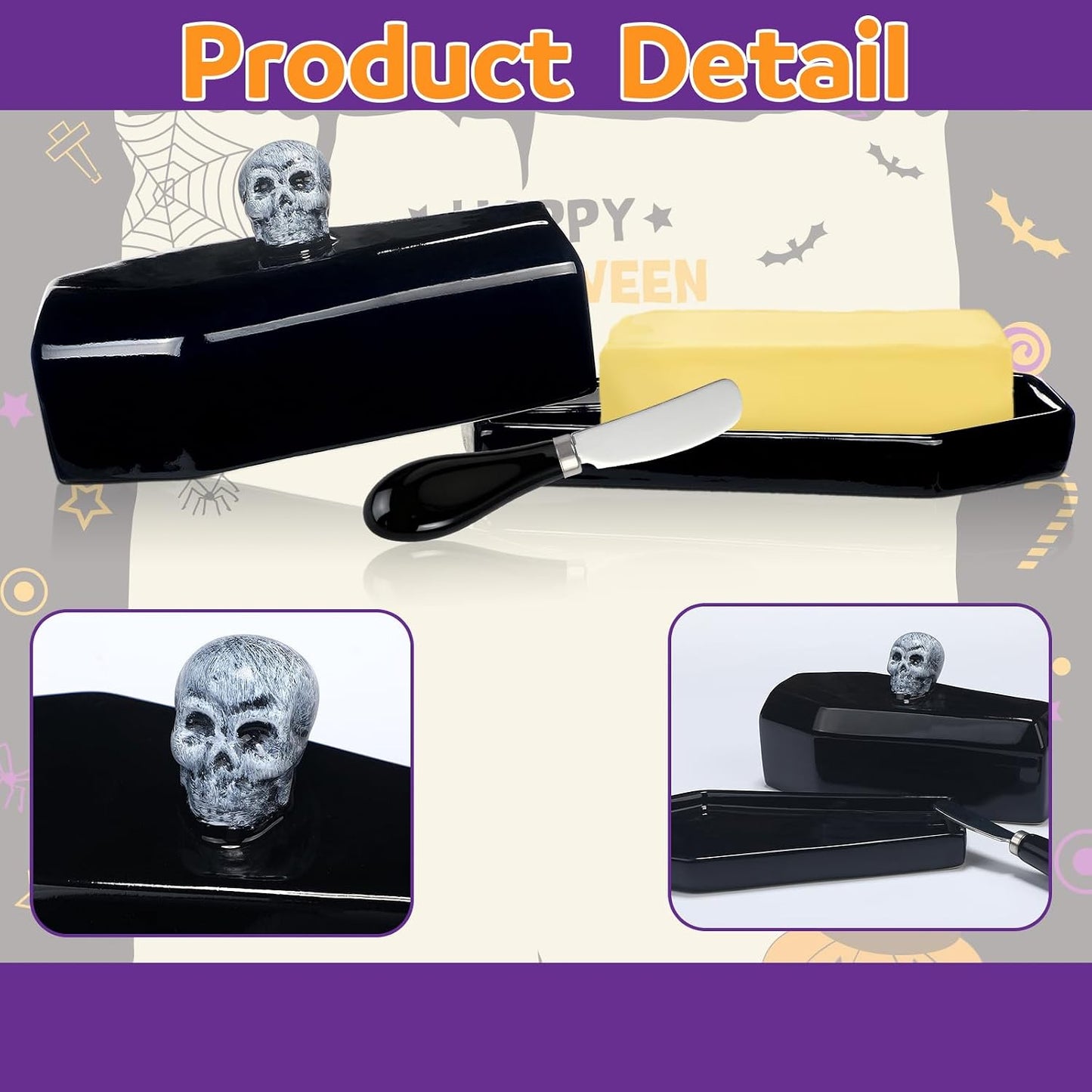 2 Pcs Coffin Butter Dish with Lid Set with Butter Knife Black Gothic Skull Shape Ceramic Halloween Gothic Horror Kitchen Utensils Gift for Halloween Table Decoration Party Supplies(Flat)
