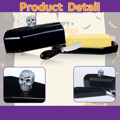 2 Pcs Coffin Butter Dish with Lid Set with Butter Knife Black Gothic Skull Shape Ceramic Halloween Gothic Horror Kitchen Utensils Gift for Halloween Table Decoration Party Supplies(Flat)