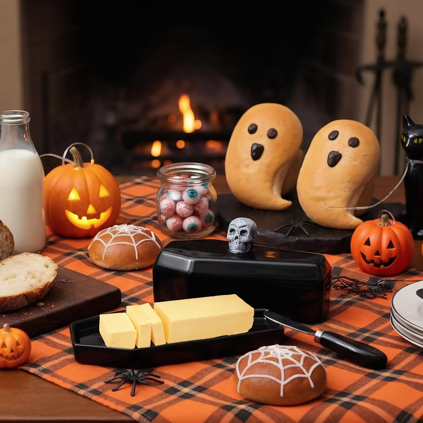 2 Pcs Coffin Butter Dish with Lid Set with Butter Knife Black Gothic Skull Shape Ceramic Halloween Gothic Horror Kitchen Utensils Gift for Halloween Table Decoration Party Supplies(Flat)