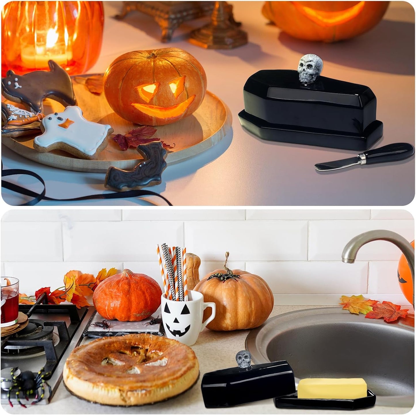 2 Pcs Coffin Butter Dish with Lid Set with Butter Knife Black Gothic Skull Shape Ceramic Halloween Gothic Horror Kitchen Utensils Gift for Halloween Table Decoration Party Supplies(Flat)