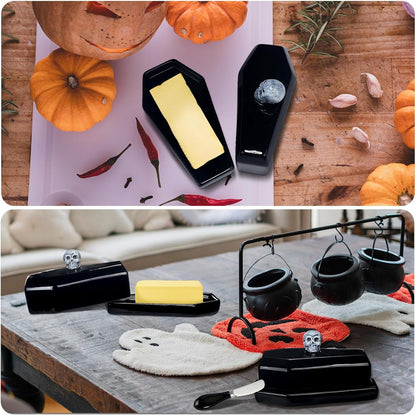 2 Pcs Coffin Butter Dish with Lid Set with Butter Knife Black Gothic Skull Shape Ceramic Halloween Gothic Horror Kitchen Utensils Gift for Halloween Table Decoration Party Supplies(Flat)