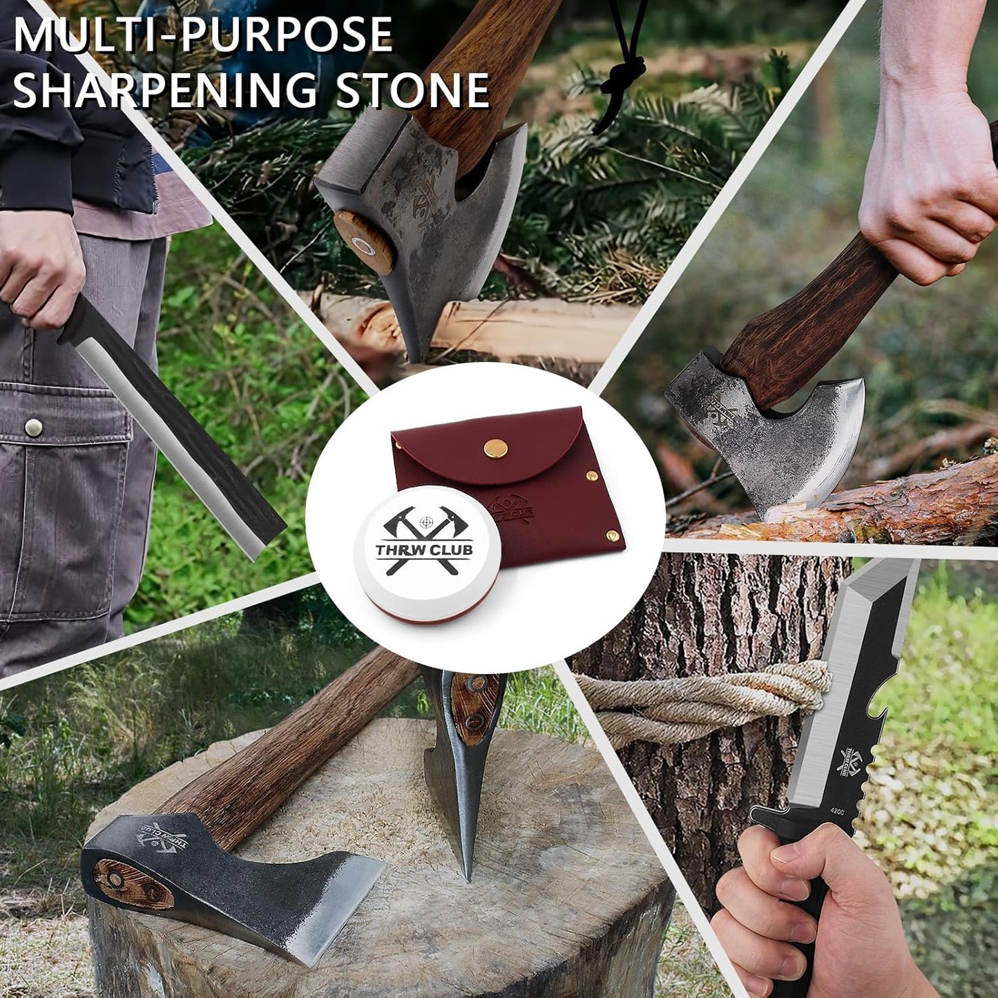 Axe Sharpener 400/1000 Grit - Hatchet/Axe Sharpening Stone, Axe Blade Sharpener, Sharpening Puck, Lansky Puck, Dual Grit Multi-Purpose Hatchet Sharpening Tool with Leather Sheath