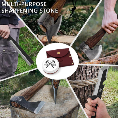 Axe Sharpener 400/1000 Grit - Hatchet/Axe Sharpening Stone, Axe Blade Sharpener, Sharpening Puck, Lansky Puck, Dual Grit Multi-Purpose Hatchet Sharpening Tool with Leather Sheath