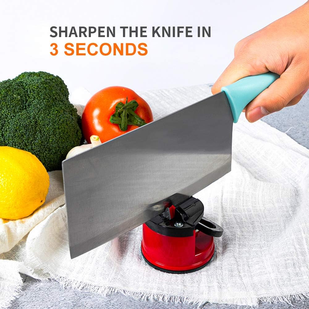 Knife Sharpeners for Kitchen Knives with Suction Base, Red | Suction base, Tungsten carbide groove, 20-degree angle, Compact red design, For kitchen & pocket knives