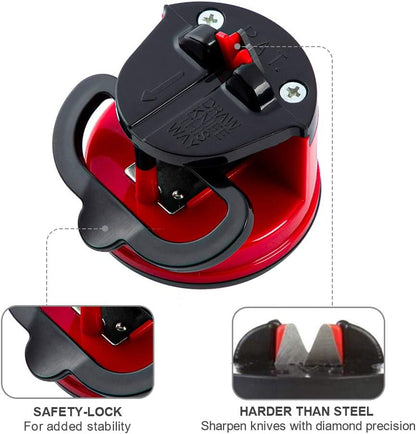 Knife Sharpeners for Kitchen Knives with Suction Base, Red | Suction base, Tungsten carbide groove, 20-degree angle, Compact red design, For kitchen & pocket knives